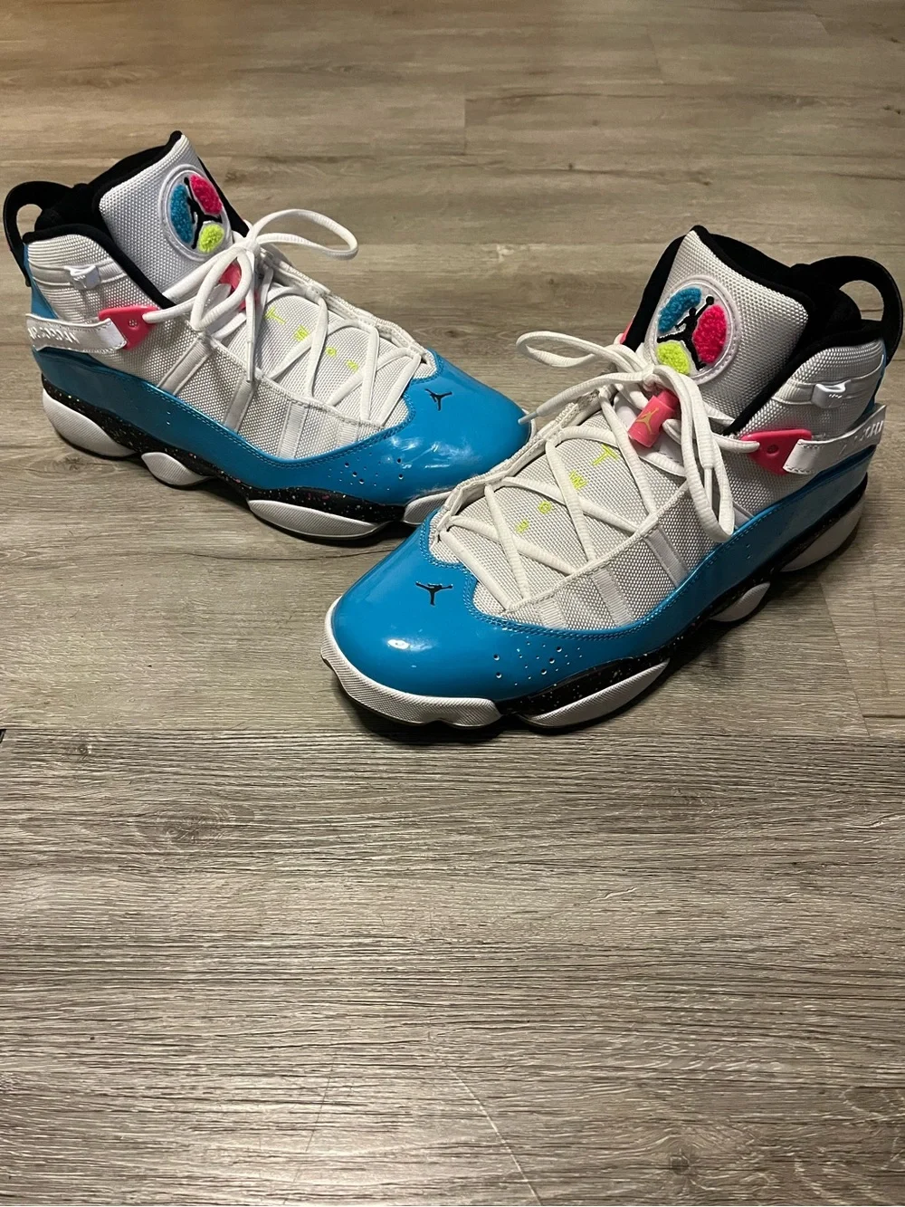 Jordan 6 Rings Blue Fury Cyber Pink Mid Top Basketball Sneakers White Blue Pink